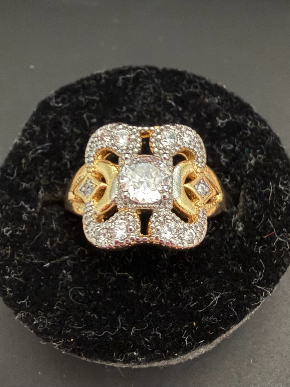 Gold and Silver Tone Floral Halo Ring with Clear Center Stone Size 6